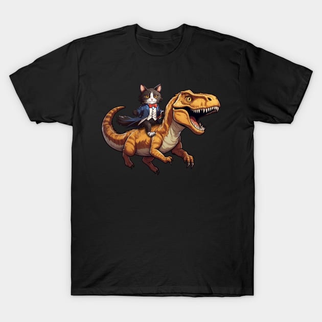 Tuxedo Cat on a Dino T-Shirt by SergioCoelho_Arts